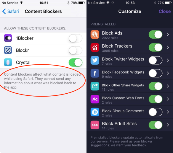 Content blocking in iOS 9
